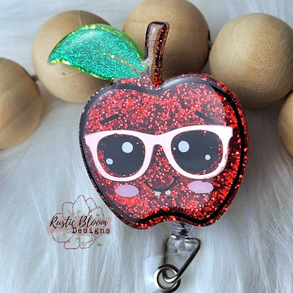 Glitter Apple Teacher Badge Reel Retractable Interchangeable teacher Name Holder Custom Gift For Her Work ID holder Teacher ID Tag gift