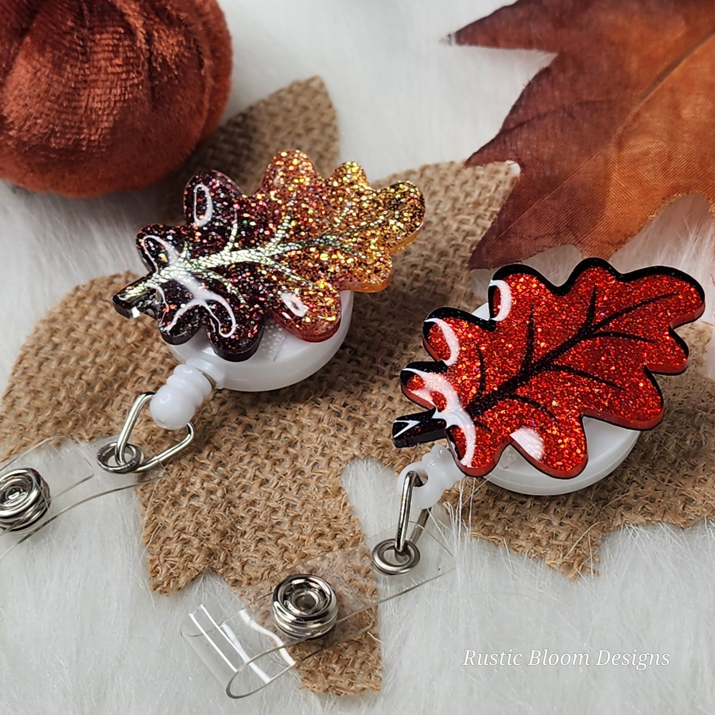 Fall Leaf Glitter Badge Reel Interchangeable Name Tag Work ID Holder Personalized Nurse Gift for Teacher Holiday Badge Seasonal Badge