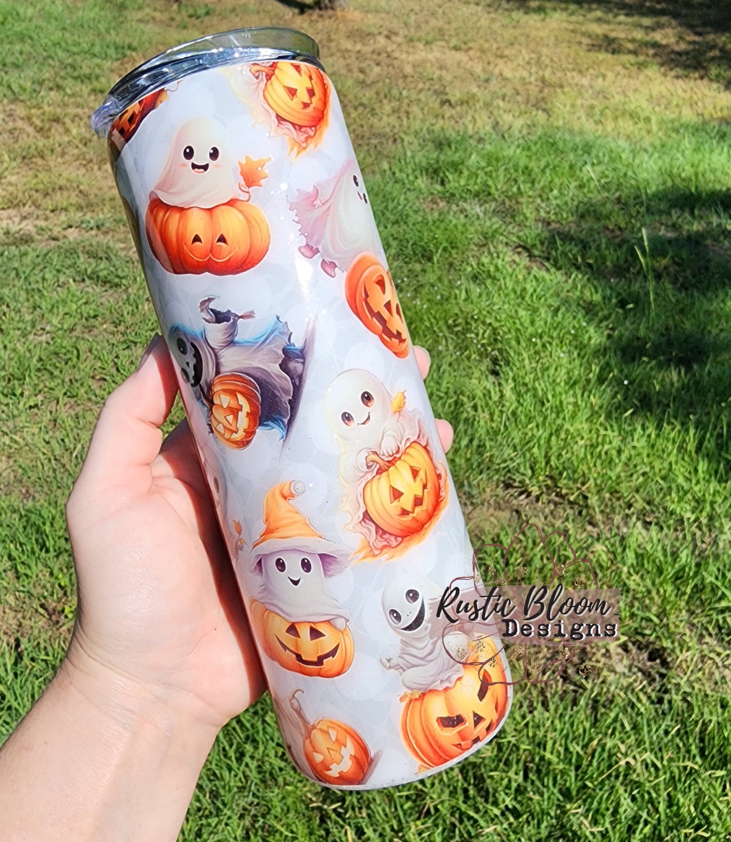Cute Ghost Pumpkin Glitter insulated Custom Halloween Tumbler Spooky Season insulated 20oz tumbler. tumbler to go. Custom Glitter mug