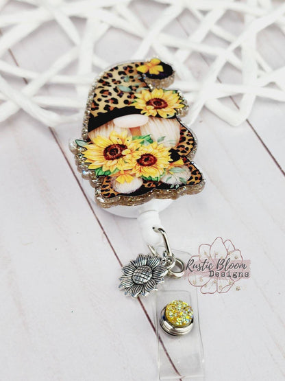 GLITTER Gnome Leopard Print Sunflower Badge Reel Custom Retractable Name Tag Gift For Nurse Id Holder RN Cheetah Badge Teacher Work ID Badge