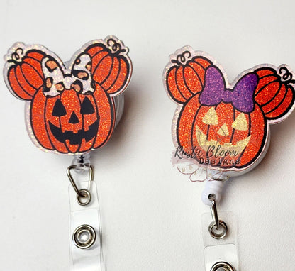 Pumpkin Mickey Ears Glitter Badge Reel Halloween Interchangeable Name Tag Work ID Holder Personalized Nurse Gift for Teacher holiday Badge