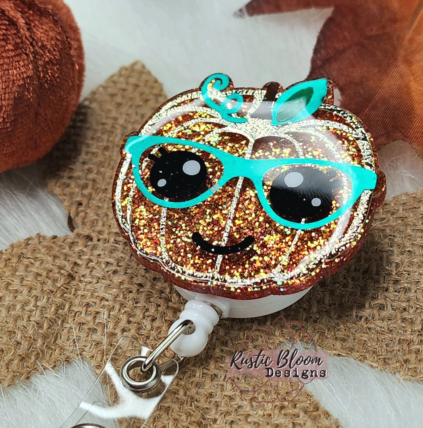 Fall Leopard Pumpkin Glitter Badge Reel  Interchangeable Name Tag Work ID Holder Personalized Nurse Gift for Teacher Holiday Badge