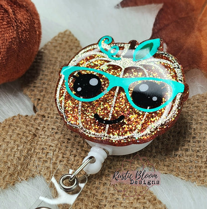 Fall Leopard Pumpkin Glitter Badge Reel  Interchangeable Name Tag Work ID Holder Personalized Nurse Gift for Teacher Holiday Badge