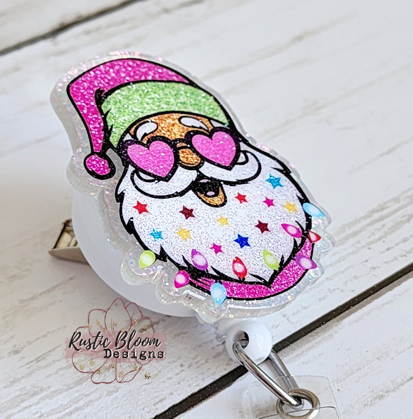 Hip Santa Glitter Badge Christmas Santa Head Badge Reel Interchangeable retractable Personalized Custom Work ID Nurse Gift Teacher Christmas
