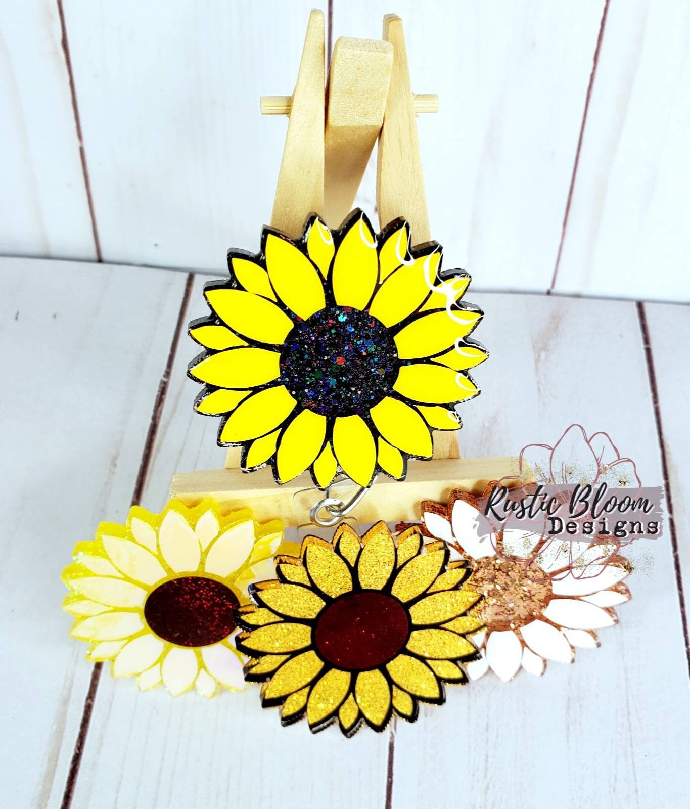 Glitter Sunflower Badge Reel Retractable Interchangeable Nurse Name Holder Custom Gift For Her Work ID holder Teacher ID Tag