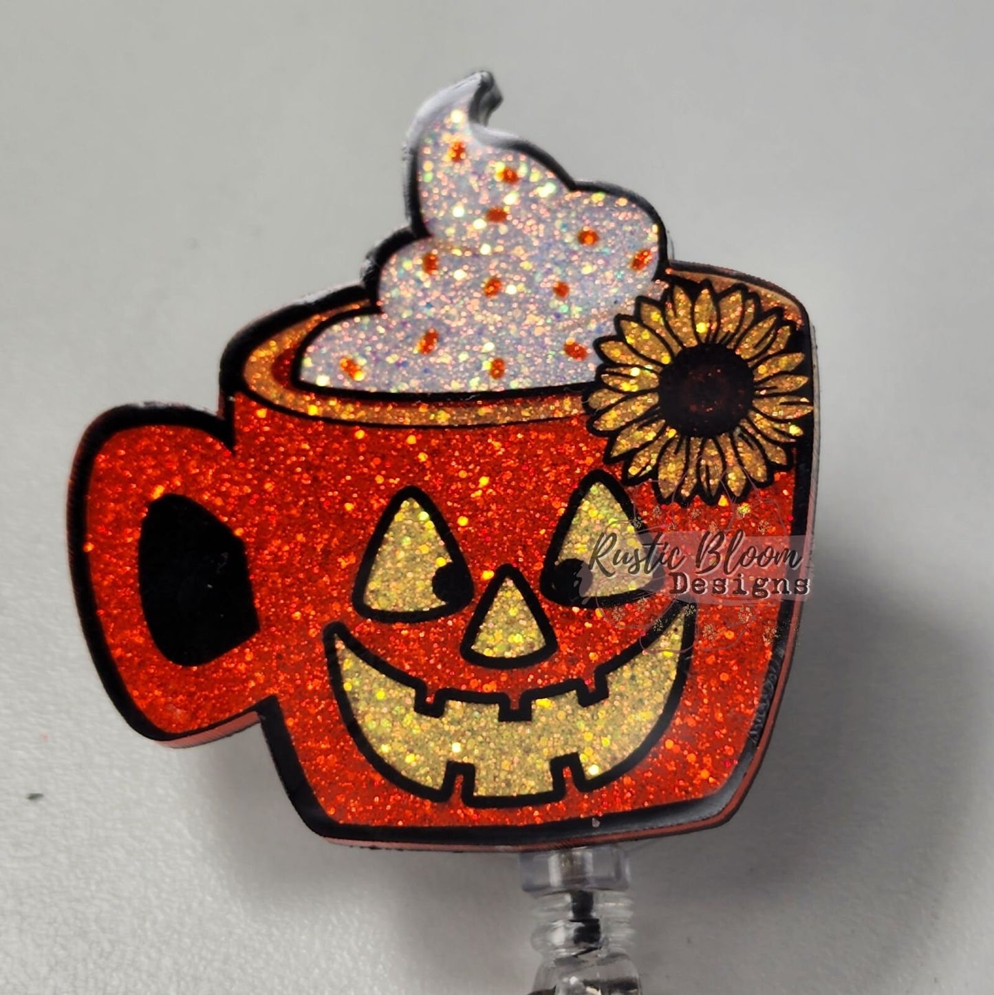 Jackolanten Coffee Mug Glitter Badge Reel Interchangeable Name Tag Work ID Holder Nurse Gift for Teacher Halloween Badge Holiday Name Holder
