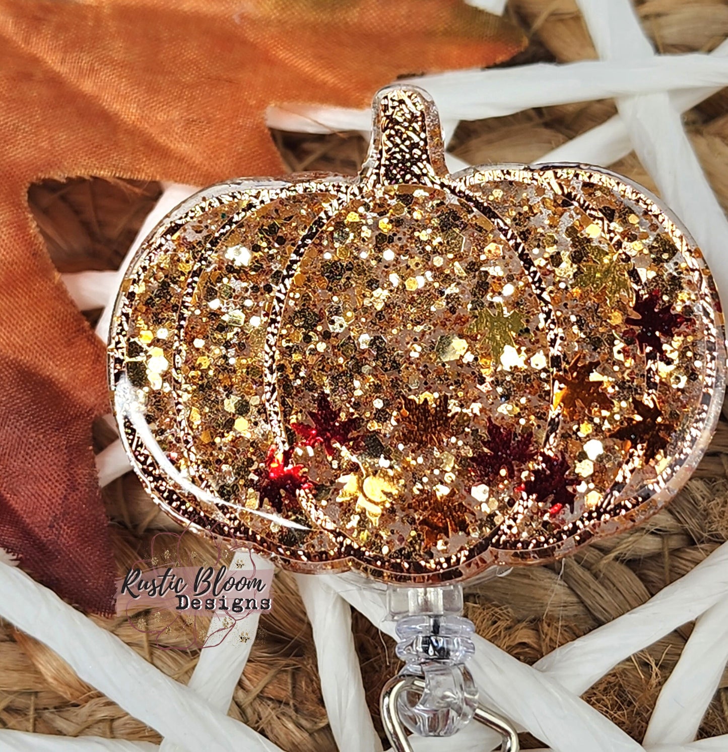 Glitter Pumpkin Leopard Glitter Fall Badge Reel Interchangeable Work ID Holder Personalized Nurse Gift for Teacher Seasonal Badge