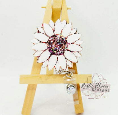 Glitter Sunflower Badge Reel Retractable Interchangeable Nurse Name Holder Custom Gift For Her Work ID holder Teacher ID Tag
