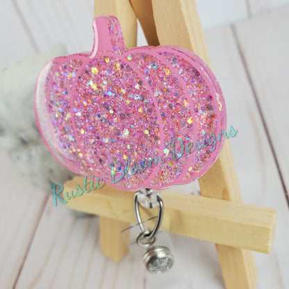 Fall Leopard Pumpkin Glitter Badge Reel  Interchangeable Name Tag Work ID Holder Personalized Nurse Gift for Teacher Holiday Badge