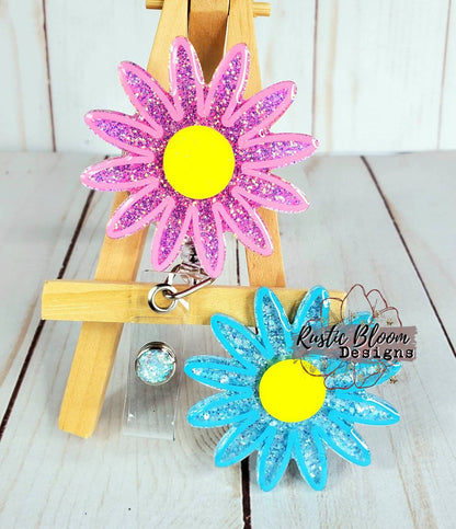 Glitter Daisy Flower Badge Reel Retractable Interchangeable Nurse Name Holder Custom Gift For Her Work ID holder Teacher ID Tag