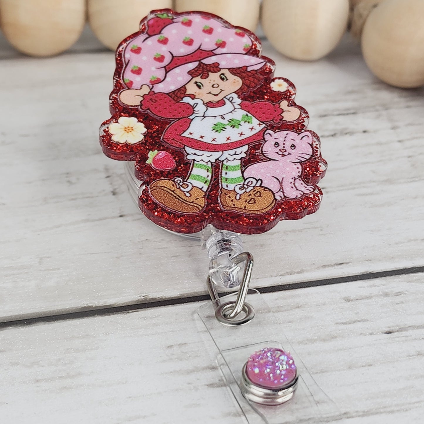 Cute Strawberry Character Glitter Badge Reel Interchangeable RN Custom Retractable BadgeID Holder Teacher Gift For Coworker Name Tag Nurse