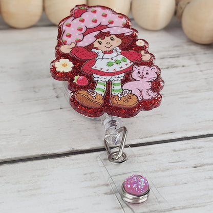 Cute Strawberry Character Glitter Badge Reel Interchangeable RN Custom Retractable BadgeID Holder Teacher Gift For Coworker Name Tag Nurse