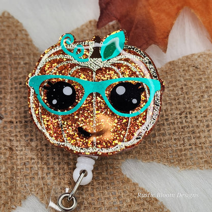 Fall Leopard Pumpkin Glitter Badge Reel  Interchangeable Name Tag Work ID Holder Personalized Nurse Gift for Teacher Holiday Badge