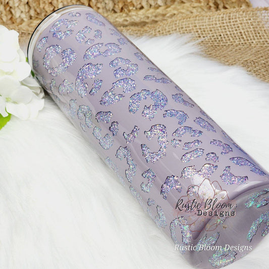 Purple Glitter Peekaboo Leopard Print Cheetah Tumbler Custom Gift for Her Travel Mug Personalized Insulated Coffee Cup Handle Hot Drinks