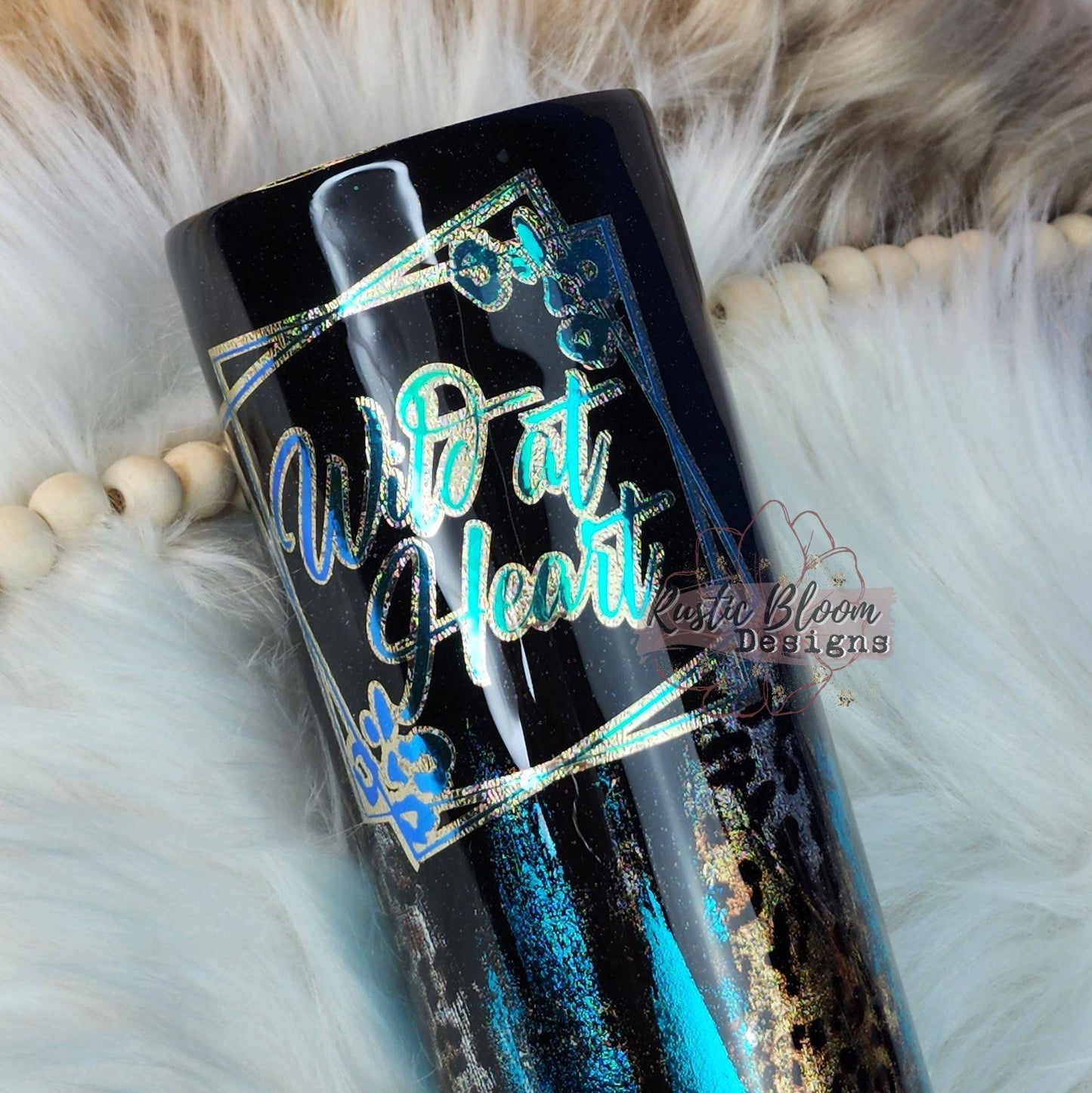 Black Glitter with Turquoise and Gold Leopard Brush Stroke "Wild at Heart" 20 oz tumbler