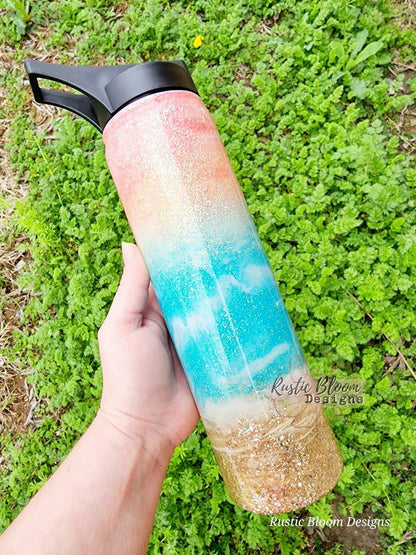 Personalized Beach Pastel Glitter Tumbler Personalized Custom Travel Coffee Mug Gift for Mother's Mama Cup Girly Sparkly Epoxy with Handle