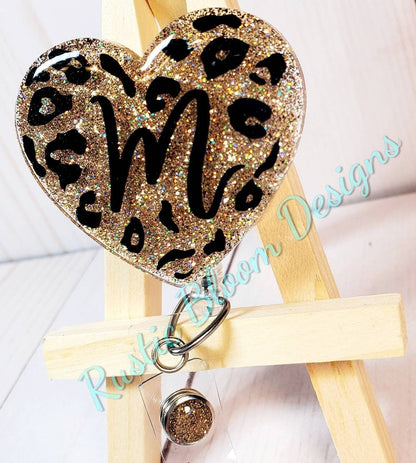 Heart Shaped Leopard Print and glitter Badge Reel