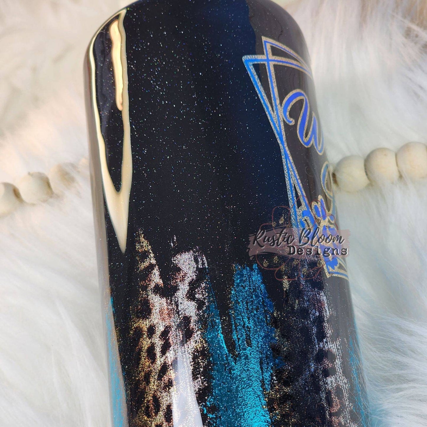 Black Glitter with Turquoise and Gold Leopard Brush Stroke "Wild at Heart" 20 oz tumbler