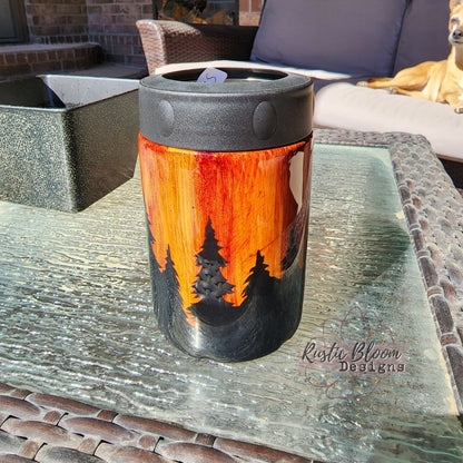 Woodgrain Tumbler Can coozie personalized can cooler forest mountains beer Coozie Custom mug Husband in woods gift for men Dad gift Guy Camo