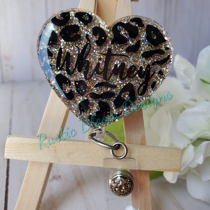 Heart Shaped Leopard Print and glitter Badge Reel
