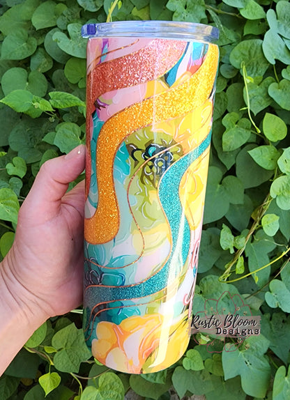 Glitter Pink Coral Teal Floral Swirl Wave Tumbler Custom Gift for Her Travel Mug Personalized Insulated Coffee Cup Hot Drinks Cold