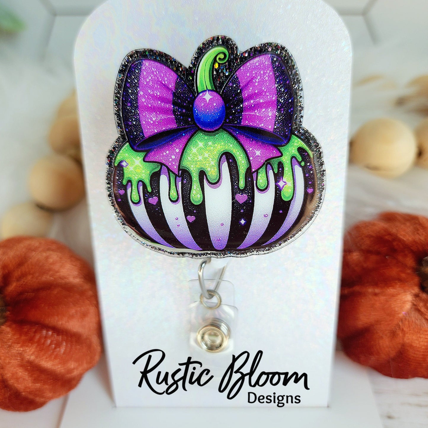 Pumpkin Black White Strip Drip Bow  Pumpkins  Glitter Badge Reel  Name Tag Work ID Holder Personalized Nurse Gift for Teacher