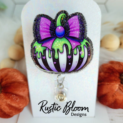 Pumpkin Black White Strip Drip Bow  Pumpkins  Glitter Badge Reel  Name Tag Work ID Holder Personalized Nurse Gift for Teacher