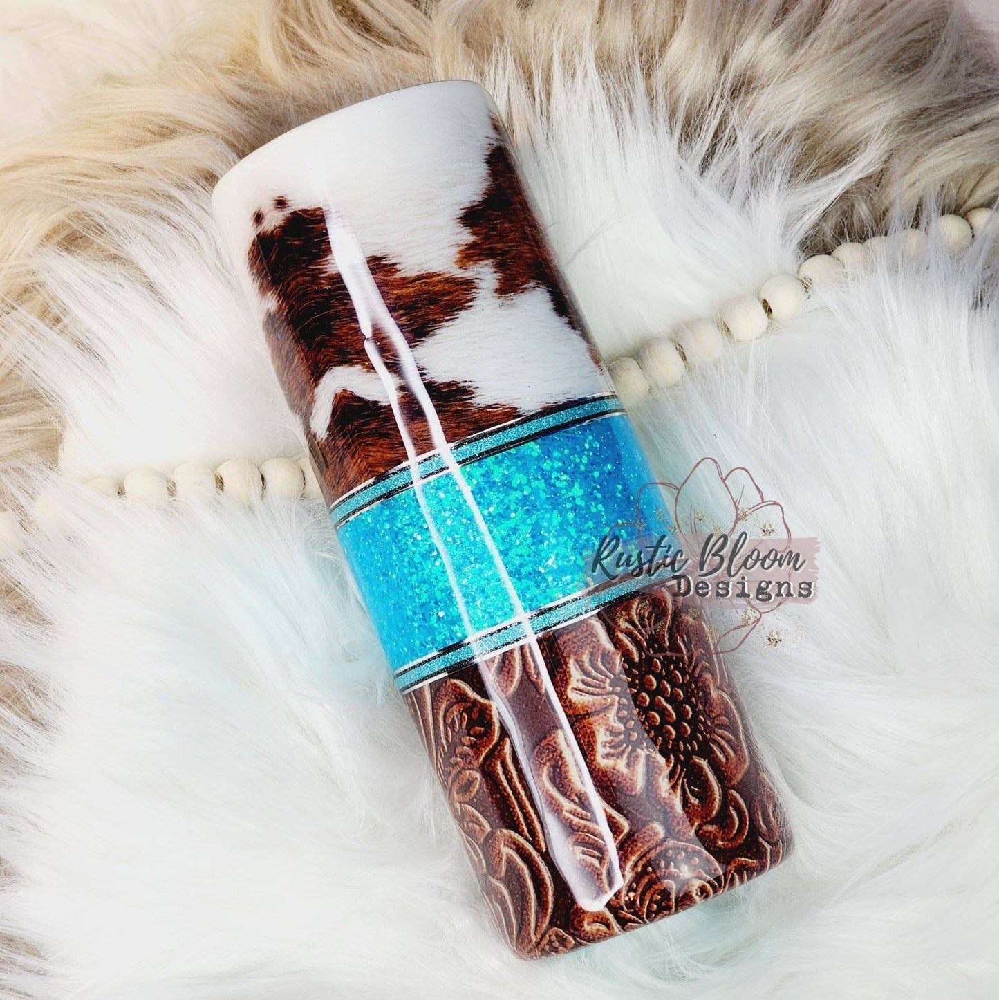 Western Cow Tumbler Teal Turquoise Glitter Tooled Leather Cowhide Lover Rustic Travel mug Coffee Lover Epoxy Drink Cup Water Personalized