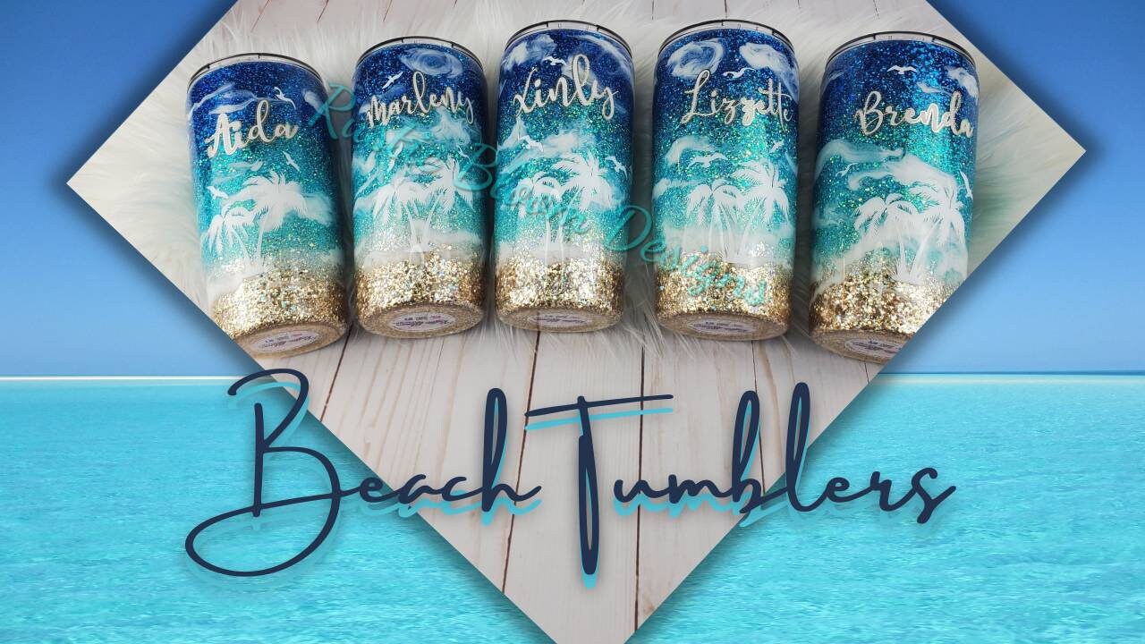 BEACH Ombre Glitter Tumbler PALM TREES  Mother's Day Gift for Her Custom Insulated Travel Coffee Mug Personalized Cup Tropical Ocean Waves