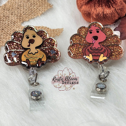 Fall Turkey Glitter Badge Reel Interchangeable Name Tag Work ID Holder Personalized Nurse Gift for Teacher Holiday Badge Seasonal Badge