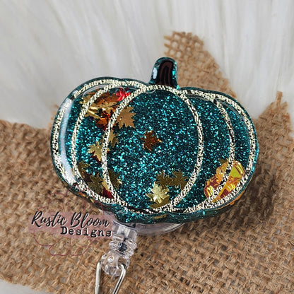 Fall Leopard Pumpkin Glitter Badge Reel  Interchangeable Name Tag Work ID Holder Personalized Nurse Gift for Teacher Holiday Badge