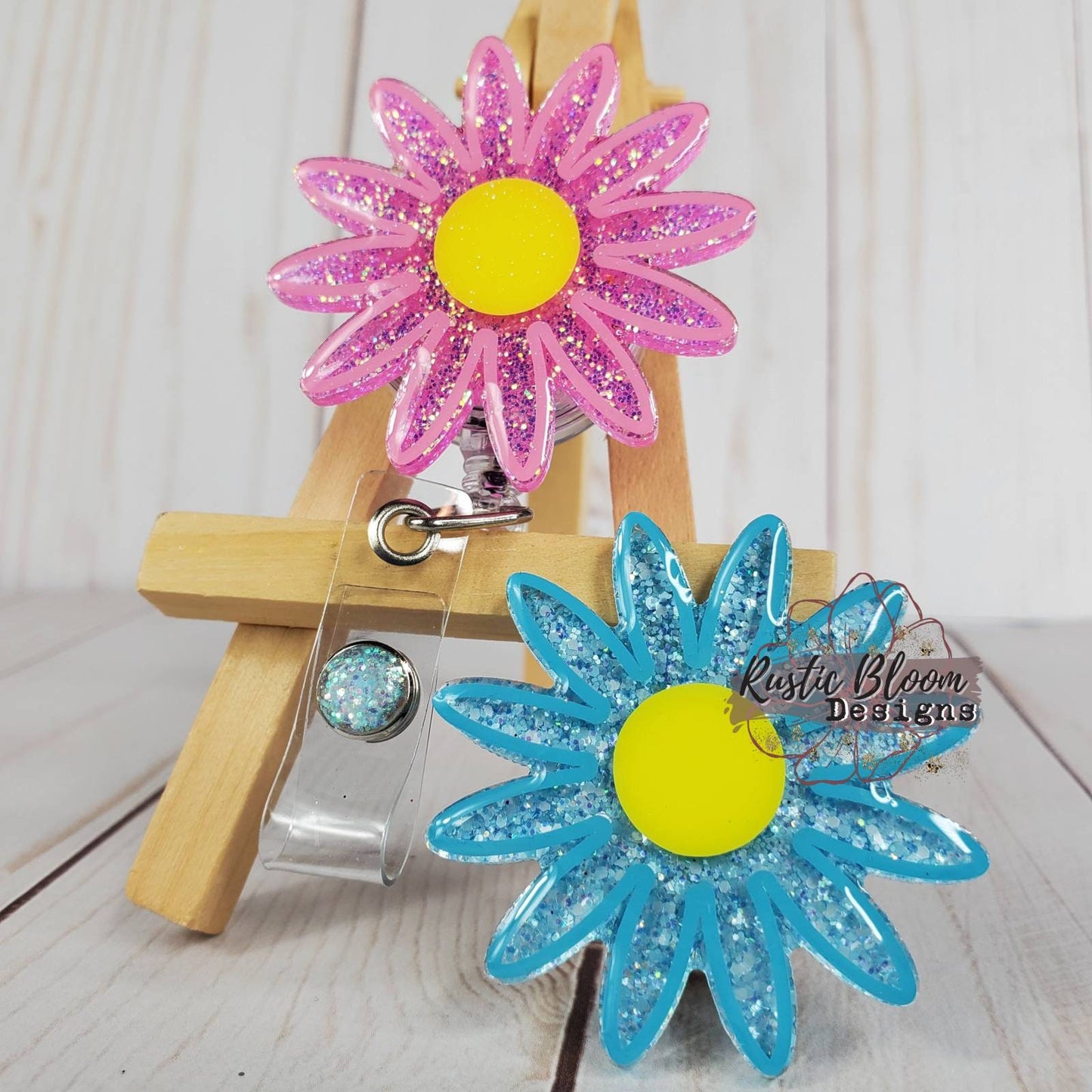 Glitter Daisy Flower Badge Reel Retractable Interchangeable Nurse Name Holder Custom Gift For Her Work ID holder Teacher ID Tag