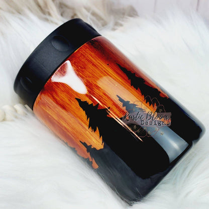 Woodgrain Tumbler Can coozie personalized can cooler forest mountains beer Coozie Custom mug Husband in woods gift for men Dad gift Guy Camo