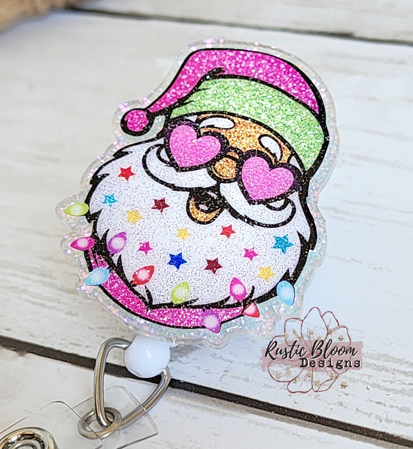Hip Santa Glitter Badge Christmas Santa Head Badge Reel Interchangeable retractable Personalized Custom Work ID Nurse Gift Teacher Christmas