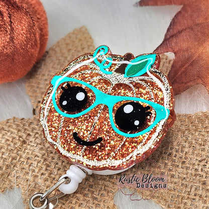 Fall Leopard Pumpkin Glitter Badge Reel  Interchangeable Name Tag Work ID Holder Personalized Nurse Gift for Teacher Holiday Badge
