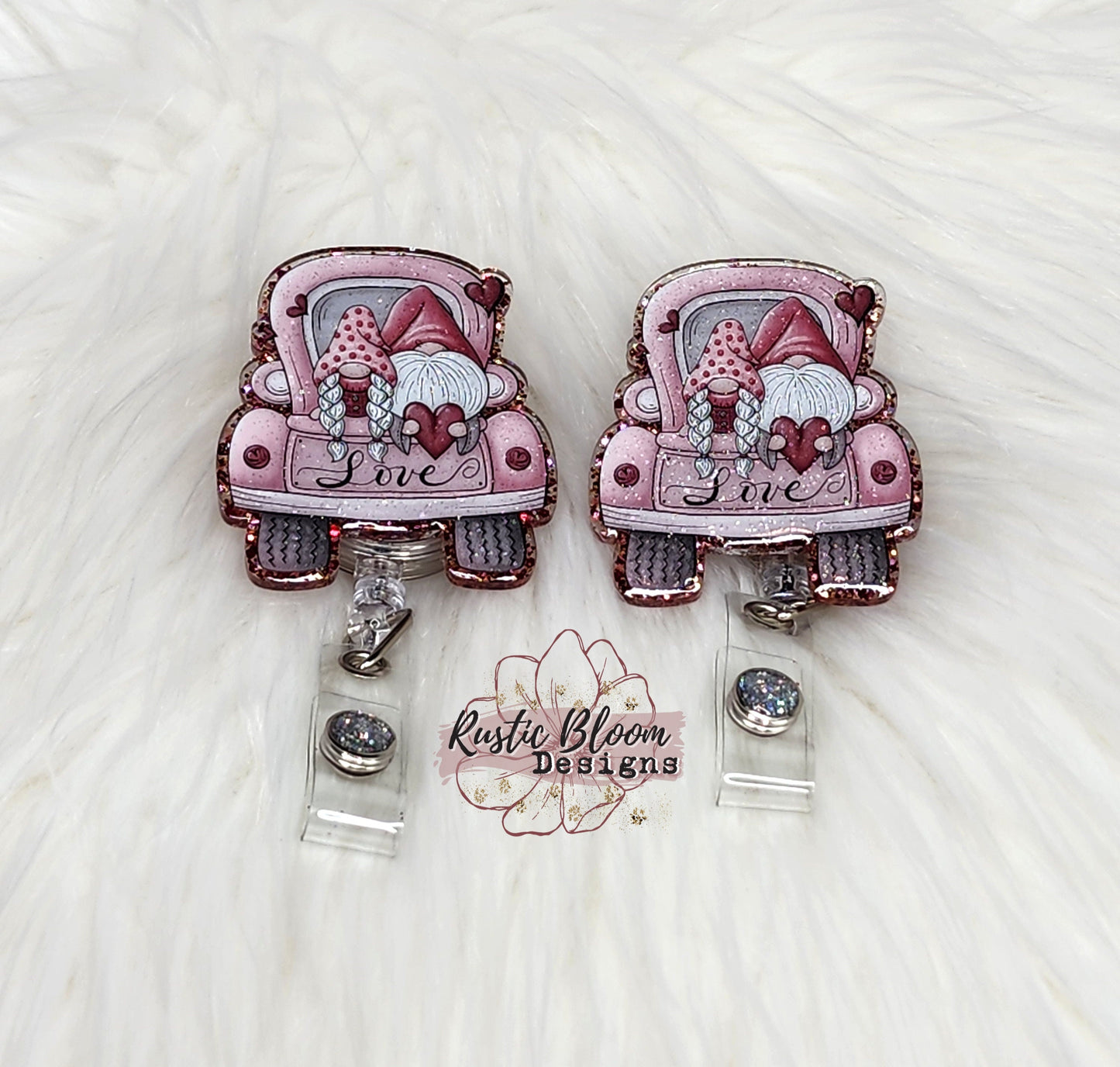 Valentine's Day Glitter Gnome Truck Badge Personalized Leopard Print Nurse Badge Custom Work Name Tag Teacher Gift Retractable Badge Reel