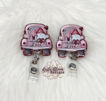 Valentine's Day Glitter Gnome Truck Badge Personalized Leopard Print Nurse Badge Custom Work Name Tag Teacher Gift Retractable Badge Reel
