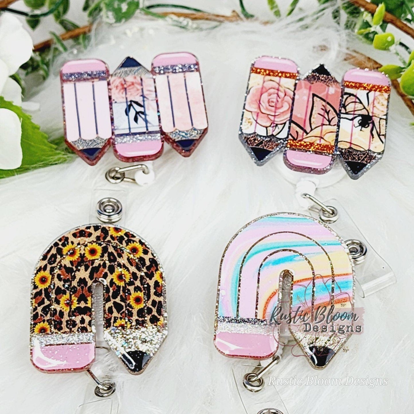 Glitter Pencil Badge Reel Retractable Interchangeable teacher Name Holder Custom Gift For Her Work ID holder Teacher ID Tag gift