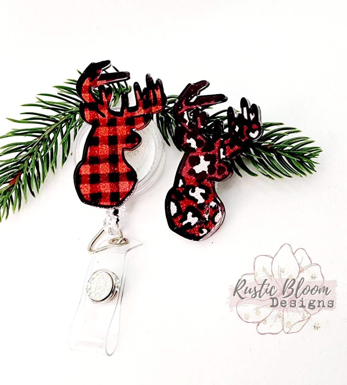 Glitter Deer Head Christmas Badge Reel Interchangeable retractable Personalized Custom Work ID Nurse Gift Teacher Christmas buffalo plaid