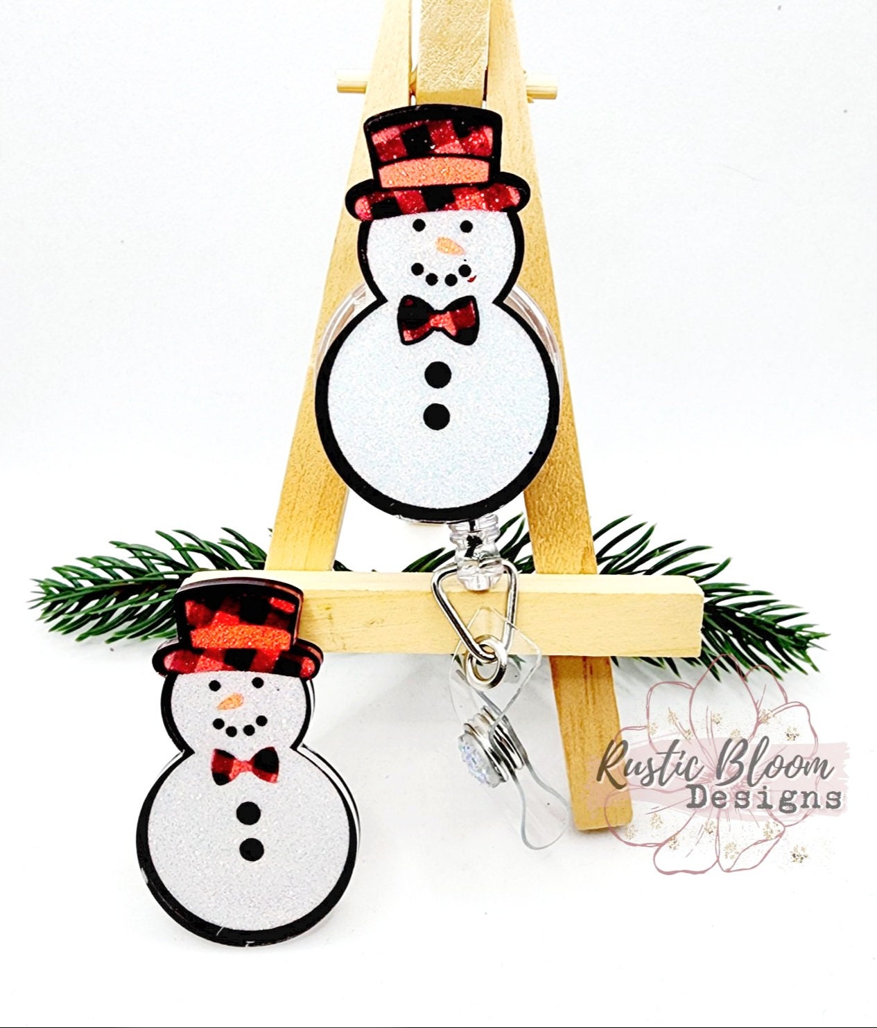 Glitter Snowman Plaid Hat bootie  Badge Reel Interchangeable retractable Custom Work ID Nurse Gift Teacher Christmas Buffalo Plaid