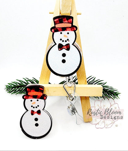 Glitter Snowman Plaid Hat bootie  Badge Reel Interchangeable retractable Custom Work ID Nurse Gift Teacher Christmas Buffalo Plaid