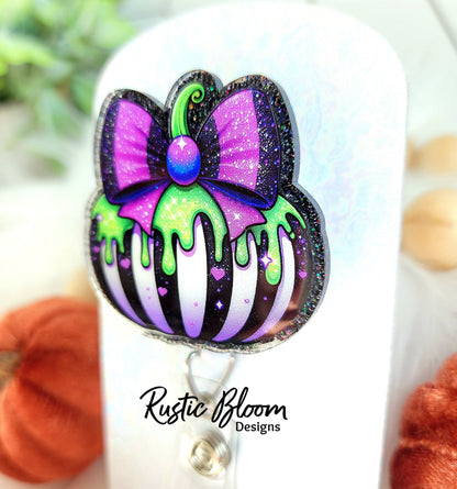 Pumpkin Black White Strip Drip Bow  Pumpkins  Glitter Badge Reel  Name Tag Work ID Holder Personalized Nurse Gift for Teacher