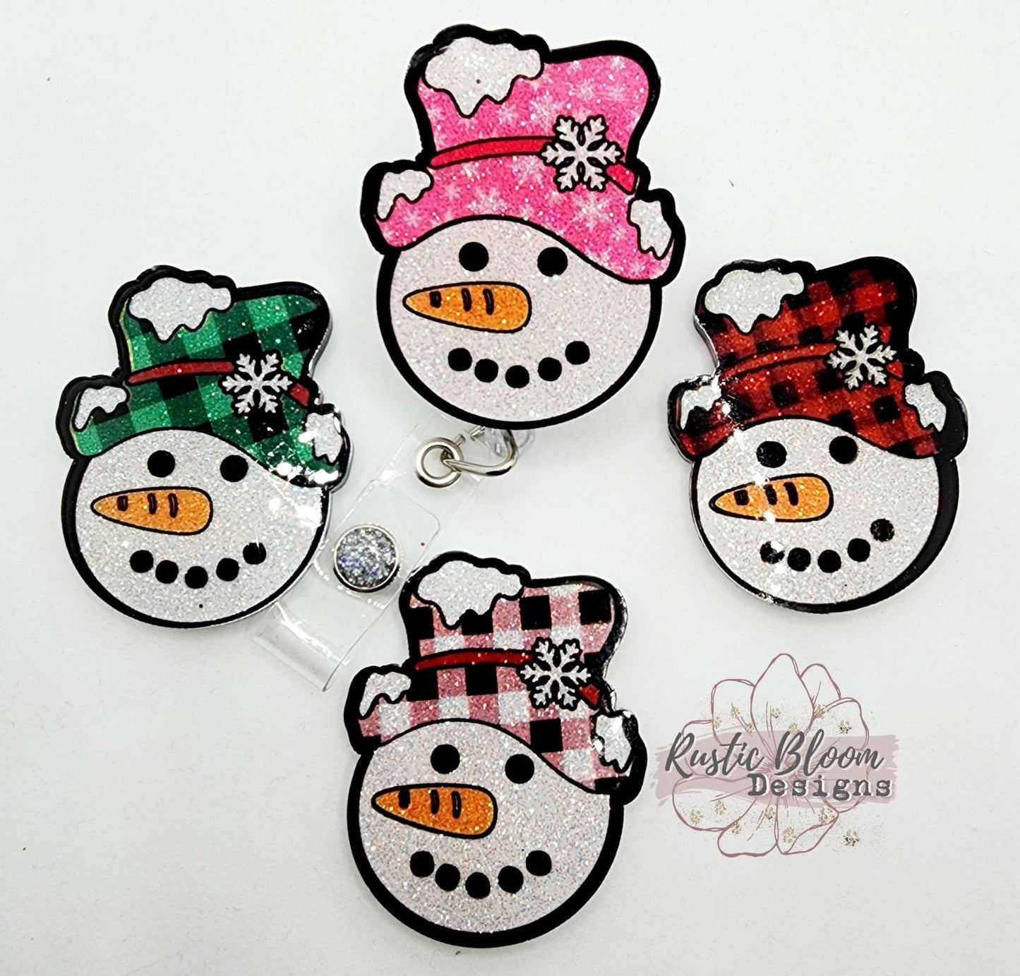 Glitter Snowman Christmas Badge Reel Interchangeable retractable Personalized Custom Work ID Nurse Gift Teacher Christmas buffalo plaid hat