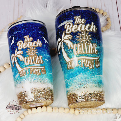 BEACH Ombre Glitter Tumbler PALM TREES  Mother's Day Gift for Her Custom Insulated Travel Coffee Mug Personalized Cup Tropical Ocean Waves