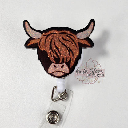 HIGHLAND Cow Glitter Badge Nurse Name Holder Custom Gift For Her Work ID holder Western