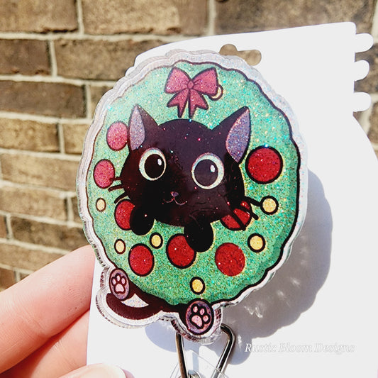 Glitter Christmas Kitten Cat Wreath Badge Reel Interchangeable retractable Custom Work ID Nurse Gift Teacher Christmas