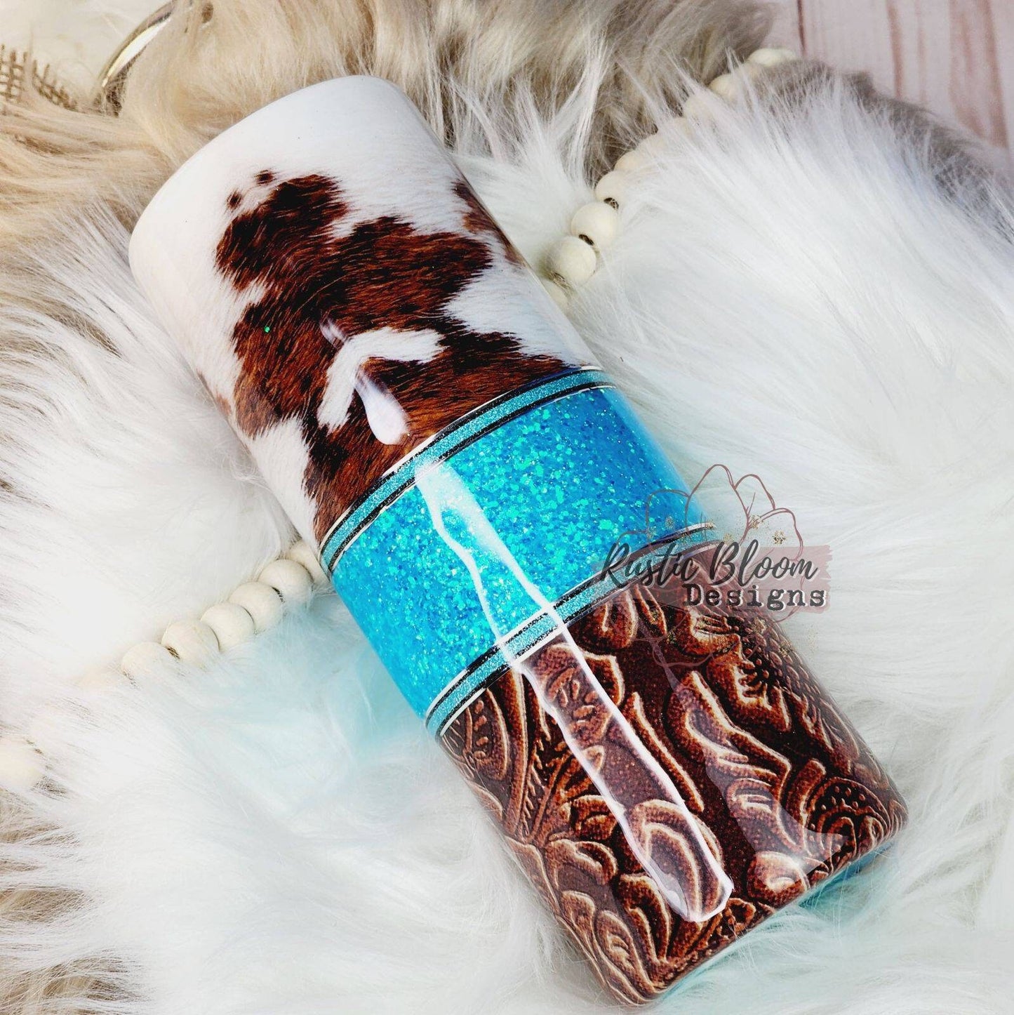 Western Cow Tumbler Teal Turquoise Glitter Tooled Leather Cowhide Lover Rustic Travel mug Coffee Lover Epoxy Drink Cup Water Personalized
