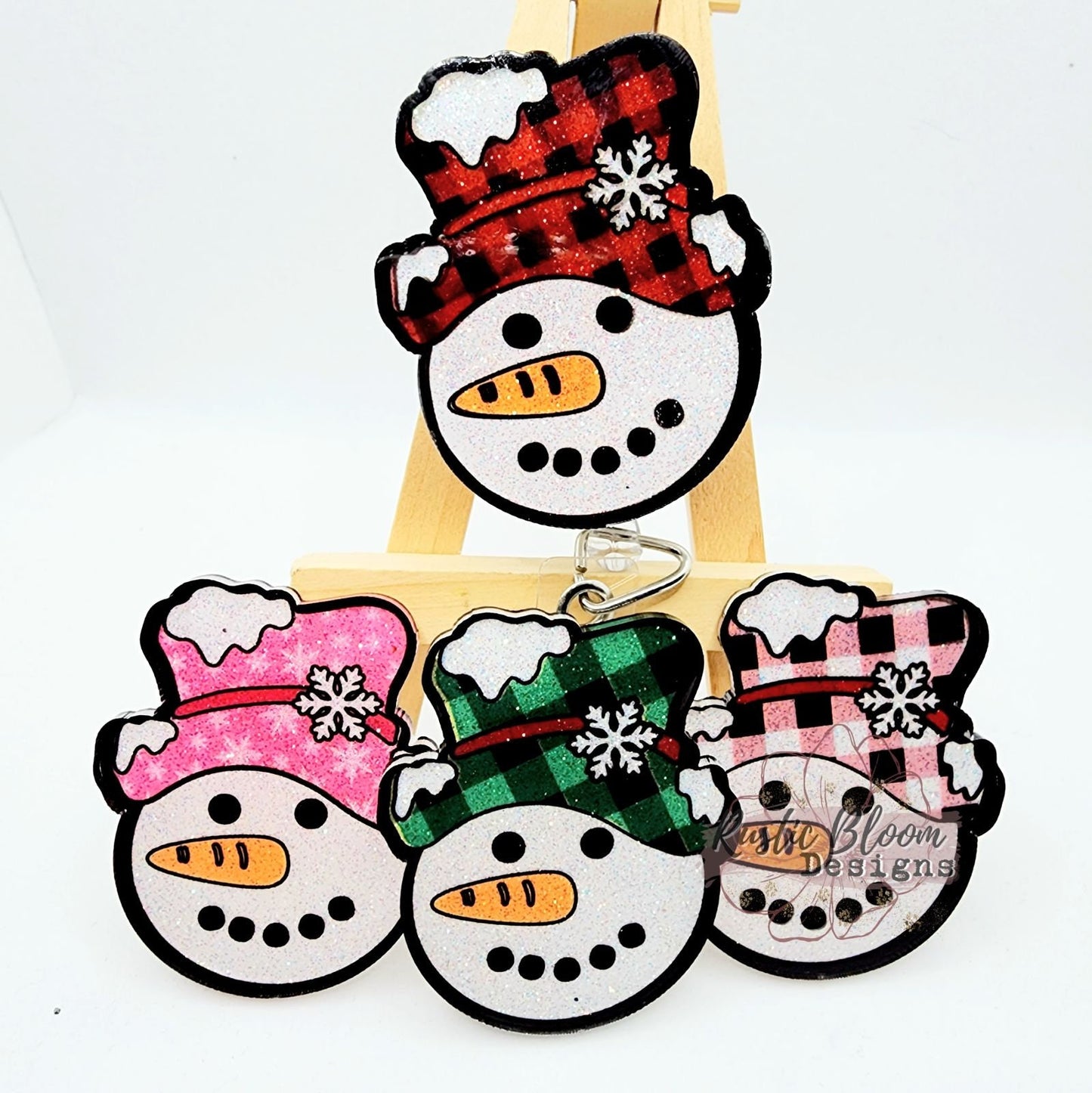 Glitter Snowman Christmas Badge Reel Interchangeable retractable Personalized Custom Work ID Nurse Gift Teacher Christmas buffalo plaid hat
