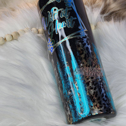 Black Glitter with Turquoise and Gold Leopard Brush Stroke "Wild at Heart" 20 oz tumbler