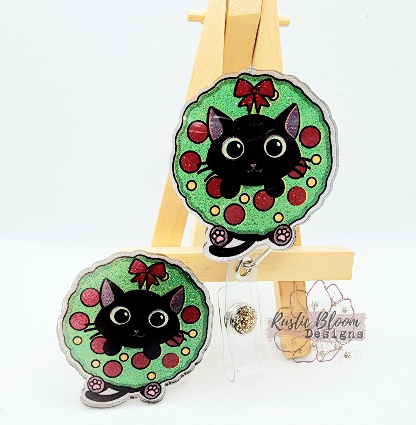 Glitter Christmas Kitten Cat Wreath Badge Reel Interchangeable retractable Custom Work ID Nurse Gift Teacher Christmas